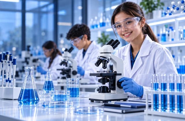 Estudiante trabajando con un microscopio en un laboratorio científico
